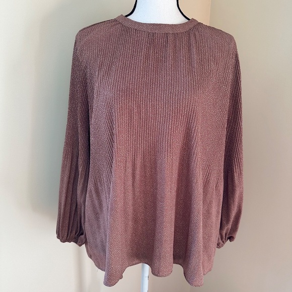 *ADRIANNA PAPELL* Tan x White Polka Dot Fashion Long Sleeve Blouse Size Medium - Picture 1 of 9